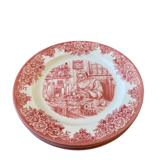 4pc Royal Stafford Christmas SANTA'S WORKSHOP Porcelain Dinner Plates 11" Red - Picture 12 of 15